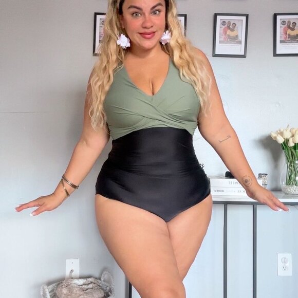 Aqua Eve Women Plus Size One Piece Swimsuits V Neck Tummy Control Black - Picture 1 of 11